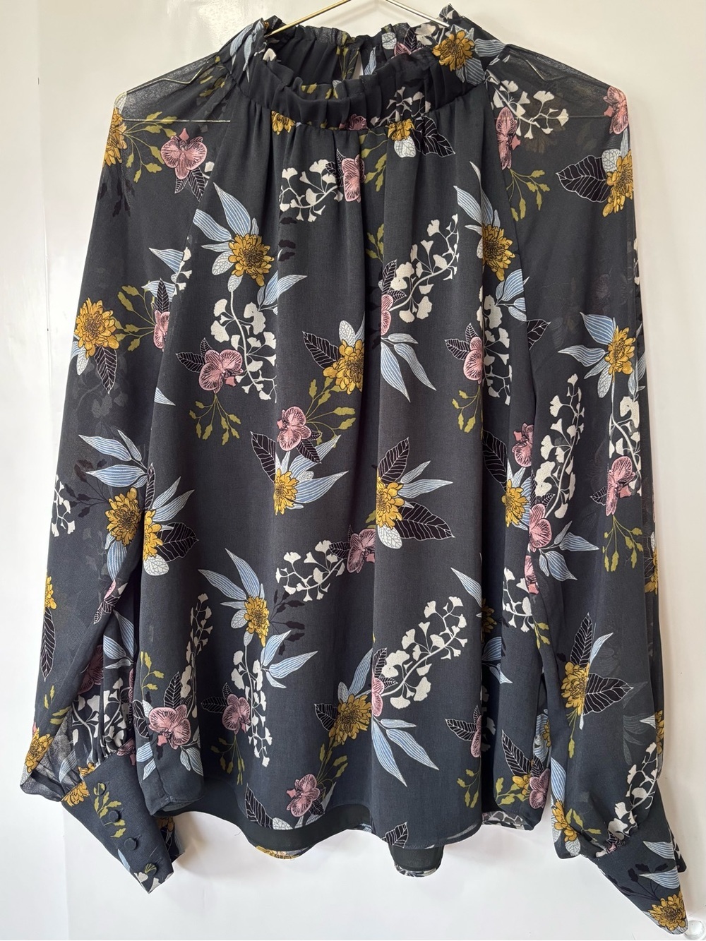 RW&Co.| Floral High-Neck Long Sleeve Blouse Slate Green w/Pink & Yellow Sz L